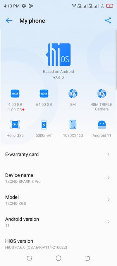 Tecno spark 8 Pro 4.64 GB 03156355512