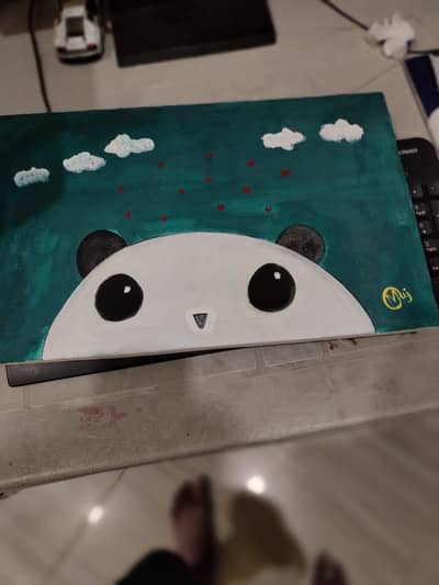panda painting with clouds and Tony hearts wodden back