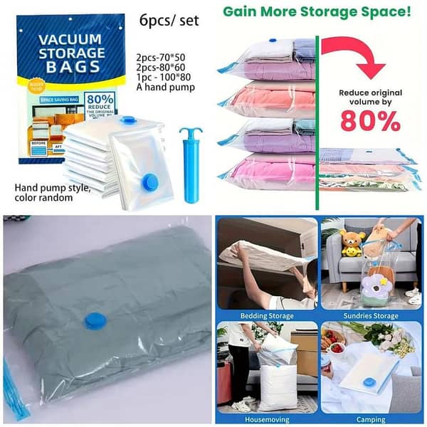 Bags Set Save 80% More Space! Reusable Zip Seal Space Saver Bags with Travel Hand Pump for Clothes, Duvets, Pillows, and Bedding 6 Bag And 1 Suction Pump 50x70 2 PCs 60x80 2 PCs 80x100 2 PCs Suction Pump 1 Pcs