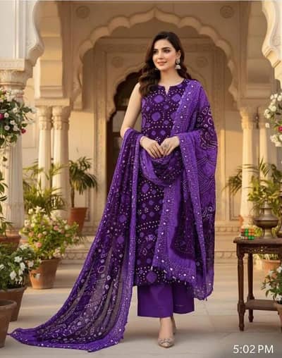 purple printed 3 pice unstitched suit