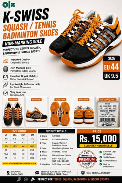 Original K-SWISS Tennis Squash Shoes EU 44 UK 9.5 Non Marking