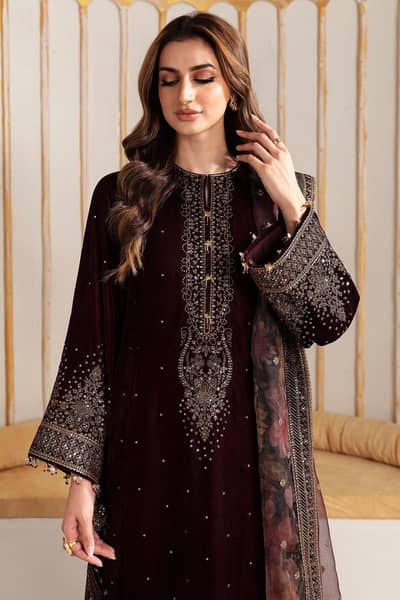 Premium Maroon Velvet Embroidered Shalwar Kameez Set