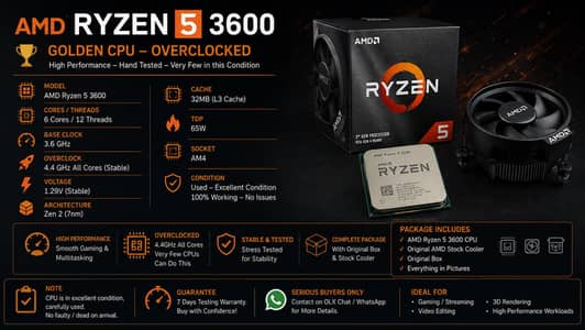 Ryzen 5 3600 Golden CPU | 4.4GHz All-Core OC | 6C/12T | Box + Cooler