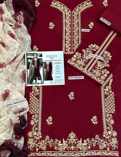 Maroon Embroidered 3-Piece Lawn Suit for Eid & Weddings