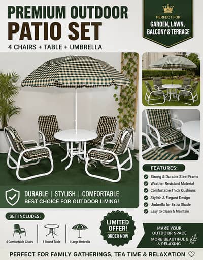 Premium Outdoor Patio Set – 4 Chairs + Table + Umbrella