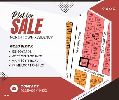 136 Sq. Yards West Open Corner Plot for Sale Gold Block North Town Residency phase 1