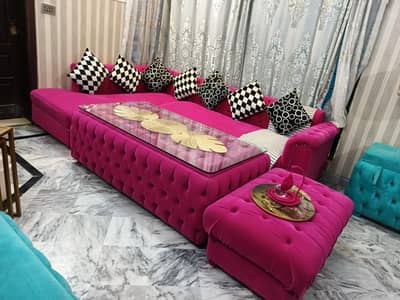 7-Seater Pink Velvet Chesterfield Sofa Set