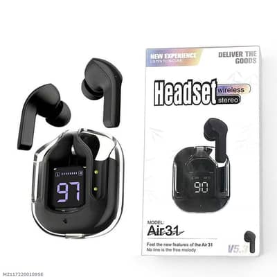Air39 Black Crystal Transparent Earbuds - Heavy Bass & LED Display