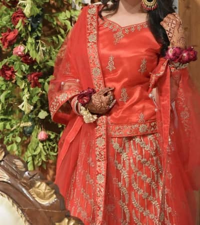 red silver work lehanga and short shirt with dupptta