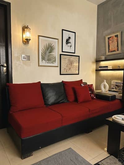 L Shape Sofa Set Red & Black, Good Condition