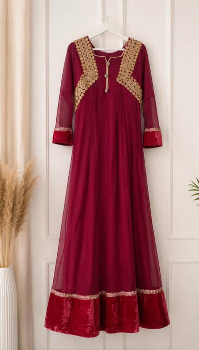 Elegant Maroon/Red Embroidered Frock – small Size | Party Wear
