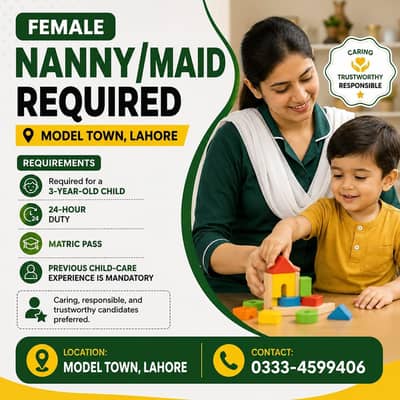 Female Nanny/Maid Required for 3 yr old Child