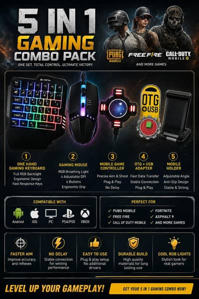 Upgrade your gaming setup with the 5-in-1 Gaming Combo Pack! 