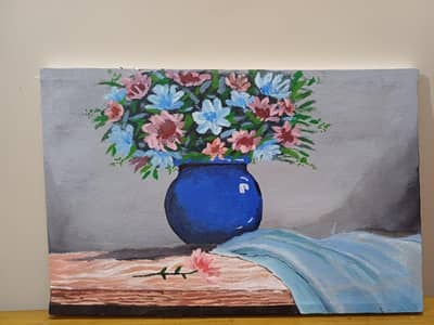 Handmade Floral Still Life Canvas Painting – Blue Vase & Flowers