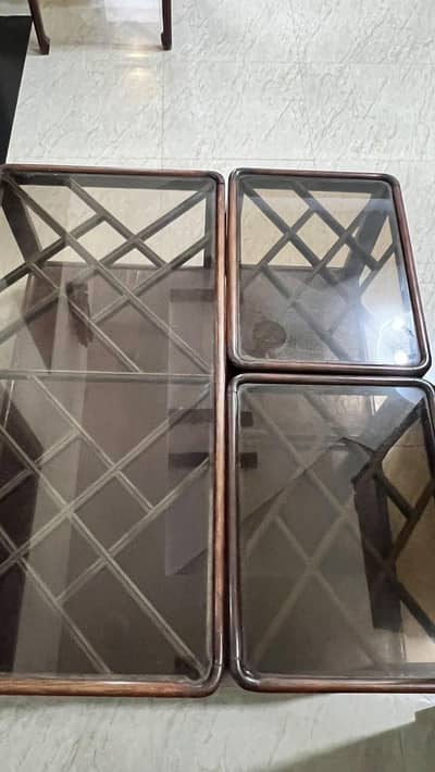Set of 3 Used Wooden Tables with Glass Tops