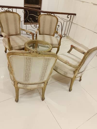 Vintage Royal 4 Seater Set + Glass Table | Antique Gold French Chairs