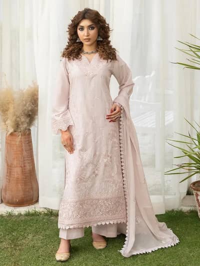 Stunning Embroidered Lawn Suit for Women - 3 Pcs Set in Beige