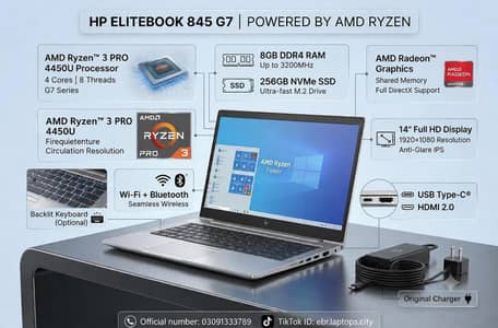 Hp Elitebook 845 G7 Ryzen 3 pro 4450u 8GB DDR4 RAM 256GB NVMe SSD