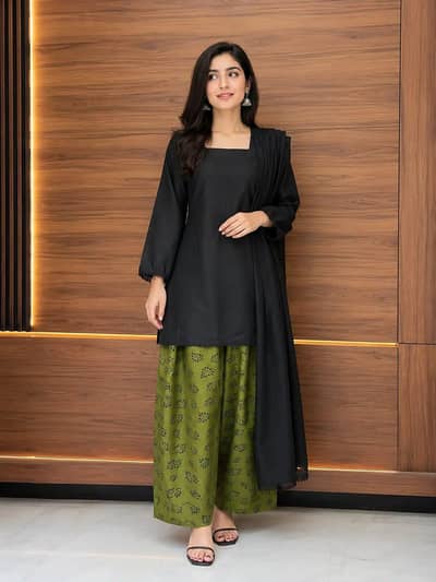3 pcs Women's Stitched Cotton printed suit with farshi shalwar and dup
