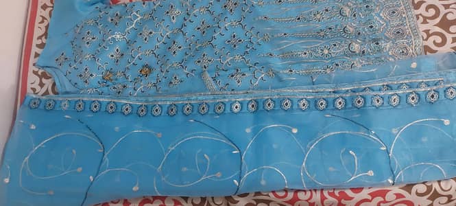 LIGHT BLUE ORGANZA FULLY EMBROIDERED READY TO WEAR 3PC DRESS.