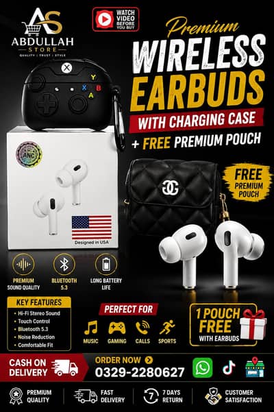 Premium Wireless Earbuds with Charging Case + Free Premium Pouch