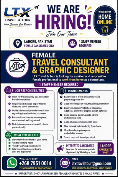 Hiring female for travel consultsnt and graphic designer