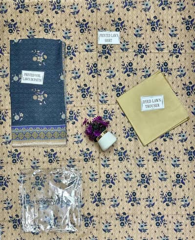 unstitched printed lawn suit brown floral Doby lawn 3pc suit
