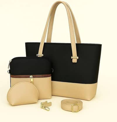 Women's 3-piece leather shoulder bag set black biege