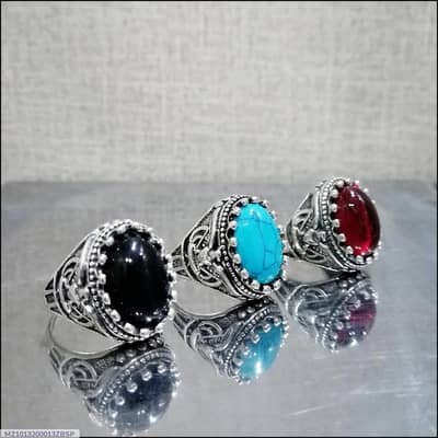 Turkish-Inspired Men's Ring Set of 3 Silver Plated Black Turquoise Red