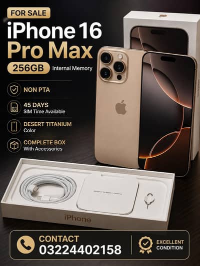 Apple iPhone 16 Pro Max 256GB. 45Days SIM TIME