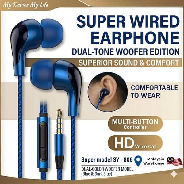 SY-806 Super Wired Earphones you – Experience Superior Sound & Comfortable music aur calling experience ko behtar banayen