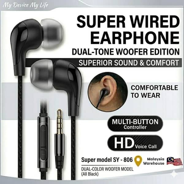SY-806 Super Wired Earphones you – Experience Superior Sound & Comfortable music aur calling experience ko behtar banayen