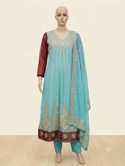 Ferozi Heavy Embroidered Georgette Anarkali Frock Suit with Dupatta