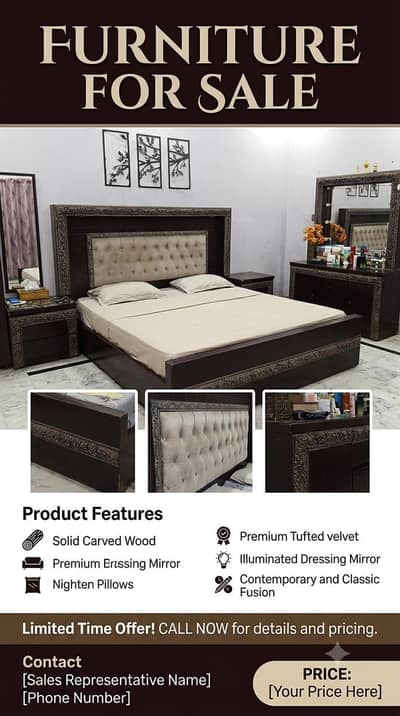 Wooden Bedroom Set – Bed + Mattress, 2 Side Tables & Dressing Table