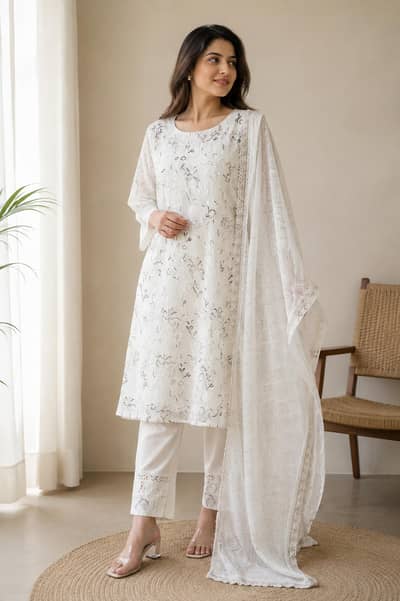Off White Embroidered 3-Piece Suit | Medium |