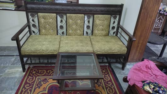5 seater sofa with cutions alongwith three tables (glass top)