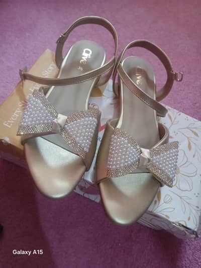 "Gold Rhinestone Pearl Bow Ankle-Strap Sandals – Size 36"