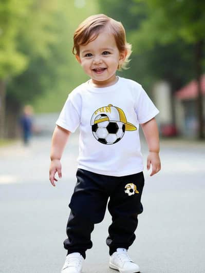 kids soccer print Tracksuit white Black 1-12Y