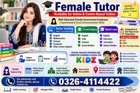 Female Teacher available for Female Students Online/Centre Based
