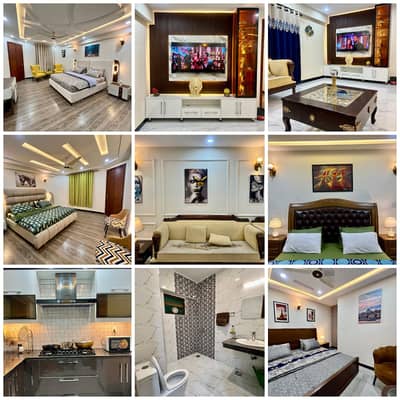 Daily weekly monthly basice flat apartment house portion available for rent full furnished apartment all facilities available for more information contact me 0314 5326 292