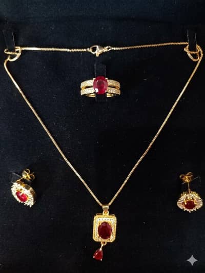 Elegant Gold Plated Ruby Jewelry Set (Pendant, Earrings & Ring)