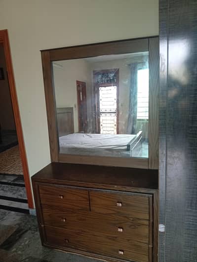 wooden bed and dressing table with mirror and 2 side tables