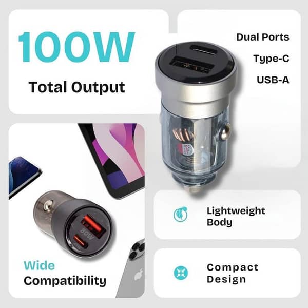 Description   100W Dual-Port Fast Car Charger | USB-C Power Delivery (PD) & USB-A Quick Charge | Compact & Universal Compatibilit