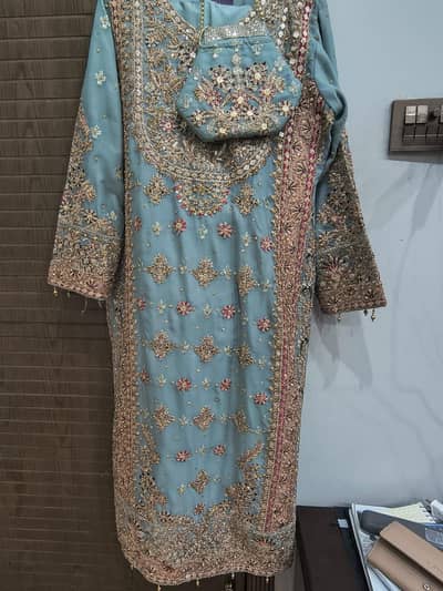 Luxury Sea Blue & Dusty Pink Heavy Embroidered Stitched Suit