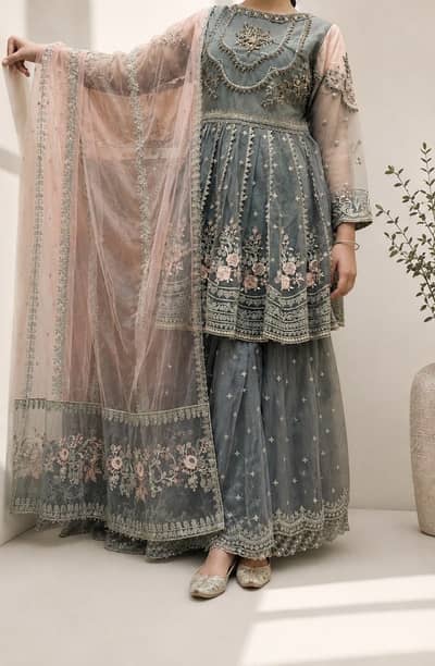 Elegant Grey & Blush Pink Embroidered Party Wear Dress