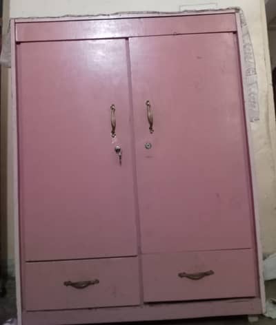 2 Door Wooden Almari with Drawers - Pink Colour