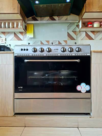 a cooking range with 5 stoves and a built in oven