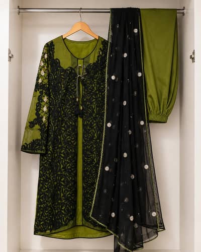 Olive Green & Black Silk 3-Piece Embroidered Suit