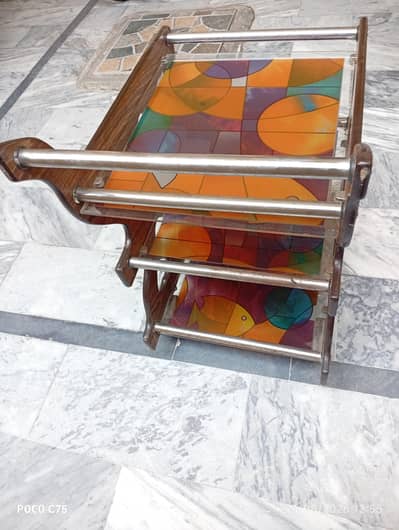 premium wooden serving trolley with decorative glass too