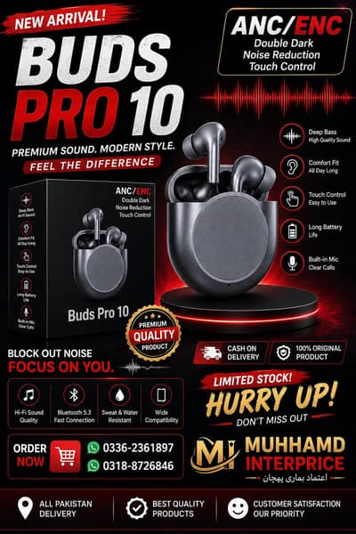Buds Pro 10 Wireless Earbuds | ANC/ENC | Deep Bass | Touch Control